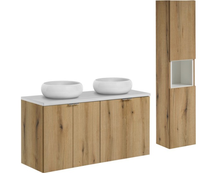 Koupelnová sestava Nova Oak s deskou, umyvadly a skříňkami 120 cm dub evoke/bílá
