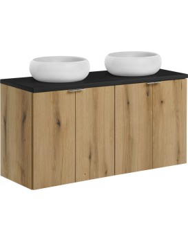 Závěsná skříňka Nova Oak s deskou a umyvadly 120 cm dub evoke/černá