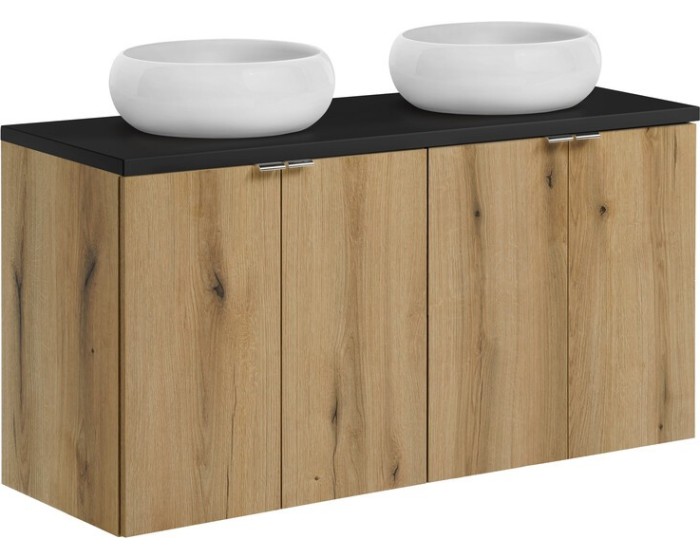 Závěsná skříňka Nova Oak s deskou a umyvadly 120 cm dub evoke/černá