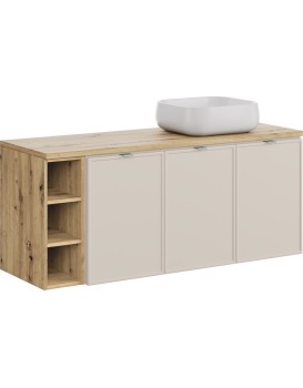 Závěsná skříňka Bella Cashmere Nika s deskou a umyvadlem 140 cm kašmírová/dub artisan