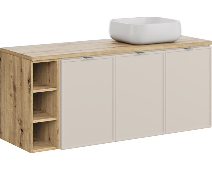 Závěsná skříňka Bella Cashmere Nika s deskou a umyvadlem 140 cm kašmírová/dub artisan