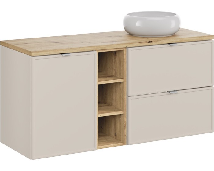 Závěsná skříňka Bella Cashmere Wiki s deskou a umyvadlem 120 cm béžová/dub olejovaný
