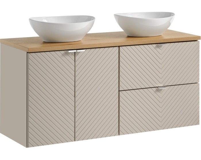 Závěsná skříňka Viva Cashmere Lola s deskou a umyvadly 120 cm kašmírová/dub evoke