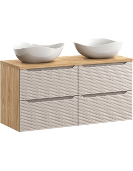 Závěsná skříňka Ocean s deskou a umyvadly 120 cm béžová/dub olejovaný