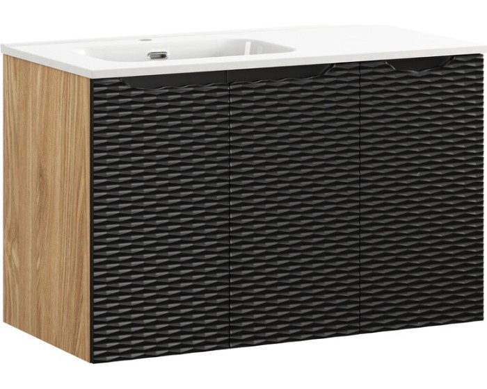 Závěsná skříňka Ocean se zápustným umyvadlem 90 cm černá/dub olejovaný