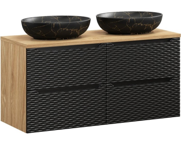 Závěsná skříňka Ocean Mona 120 cm s deskou a umyvadly černá/dub olejovaný