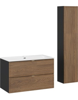 Koupelnová sestava s deskou, skříňkami a zápustným umyvadlem Talia Casella 80 cm černý mat/dub casella