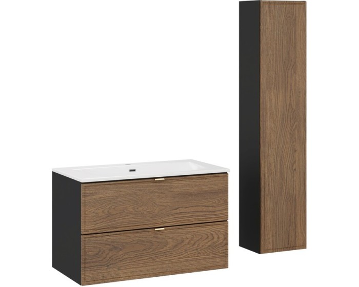 Koupelnová sestava s deskou, skříňkami a zápustným umyvadlem Talia Casella 80 cm černý mat/dub casella