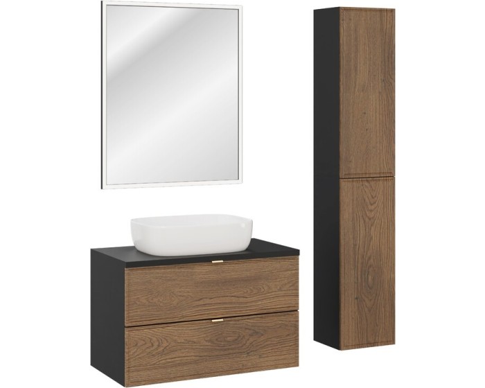 Koupelnová sestava Talia Casella s deskou, umyvadlem, skříňkami a zrcadlem 80 cm černá mat/dub casella