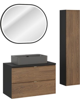 Koupelnová sestava s deskou, skříňkami, umyvadlem a zrcadlem Talia Casella 80 cm černý mat/dub casella