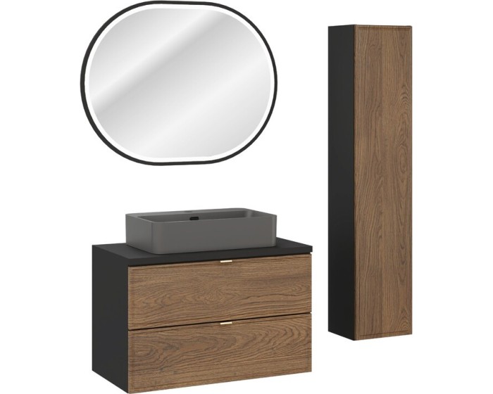 Koupelnová sestava s deskou, skříňkami, umyvadlem a zrcadlem Talia Casella 80 cm černý mat/dub casella