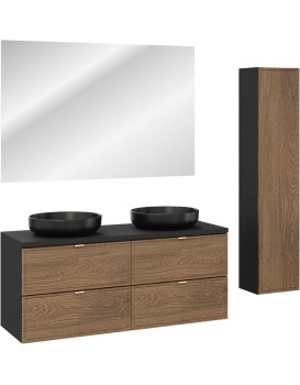 Koupelnová sestava s deskou, skříňkami, umyvadly a zrcadlem Talia Casella 120 cm černý mat/dub casella