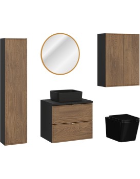 Koupelnová sestava s deskou, skříňkami umyvadlem, zrcadlem a toaletou Talia Casella 60 cm černý mat/dub casella