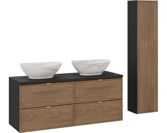 Koupelnová sestava s deskou, skříňkami a umyvadly Talia Casella 120 cm černý mat/dub casella