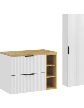 Koupelnová sestava Casad s deskou, bočním regálem a skříňkami 80 cm bílá/dub artisan