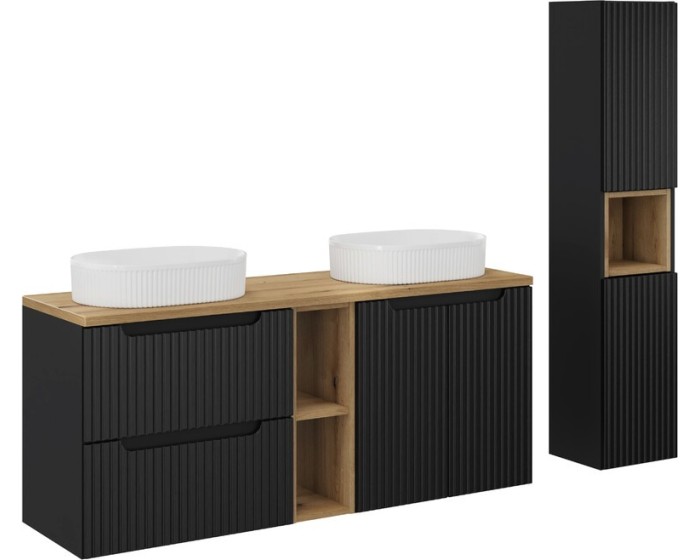Koupelnová sestava Nova Black se skříňkami a umyvadly 140 cm černá/dub evoke