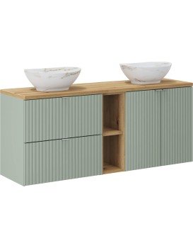Závěsná skříňka Line Reed Green s deskou a umyvadly 140 cm zelená/dub evoke