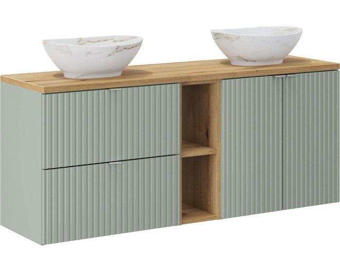 Závěsná skříňka Line Reed Green s deskou a umyvadly 140 cm zelená/dub evoke