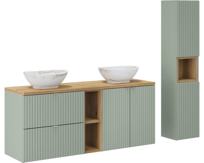 Koupelnová sestava Line Reed Green se skřínkami a umyvadly 140 cm zelená/dub evoke