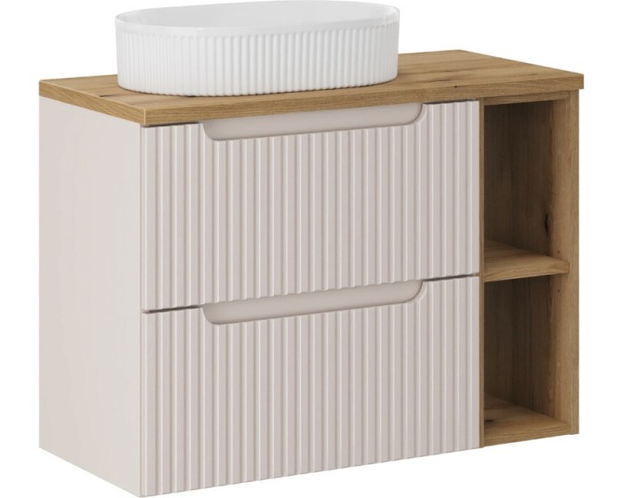 Závěsná skříňka Nova Cashmere Beyond s deskou a umyvadlem 80 cm kašmírová/dub evoke