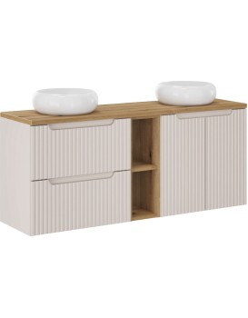 Závěsná skříňka Nova Cashmere s deskou a umyvadly 140 cm kašmírová/dub evoke