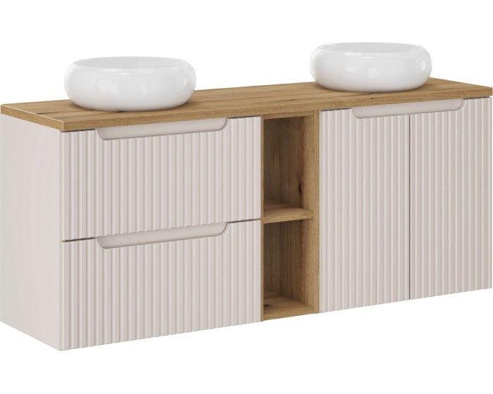 Závěsná skříňka Nova Cashmere s deskou a umyvadly 140 cm kašmírová/dub evoke
