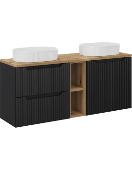 Závěsná skříňka Nova Black s deskou a umyvadly 140 cm černá/dub evoke