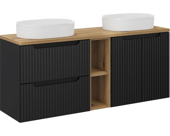Závěsná skříňka Nova Black s deskou a umyvadly 140 cm černá/dub evoke