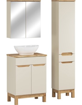 Koupelnová sestava Bali Nature Lola s deskou, umyvadlem, skříňkami a zrcadlem 60 cm kašmírová/dub wotan