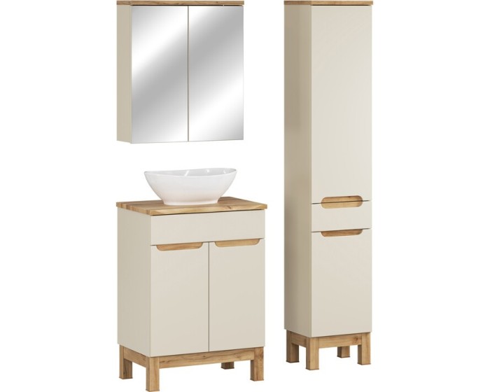Koupelnová sestava Bali Nature Lola s deskou, umyvadlem, skříňkami a zrcadlem 60 cm kašmírová/dub wotan