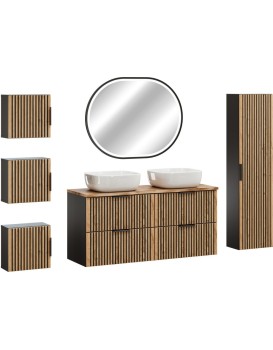 Koupelnová sestava Casad Nature Smile s deskou, skříňkami, umyvadly a LED zrcadlem 120 cm černá/dub wotan