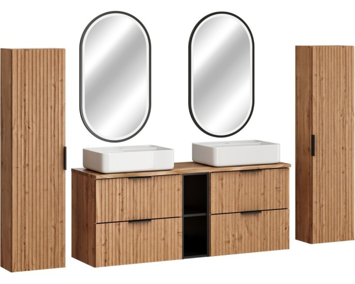 Koupelnová sestava Casad Magic s deskou, umyvadly, skříňkami a LED zrcadlem 140 cm dub wotan