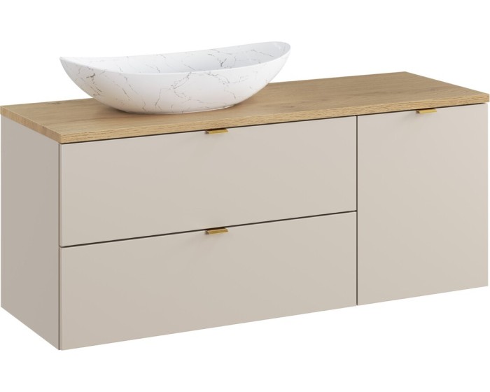 Závěsná skříňka pod umyvadlo Dalia Cashmere Nordic Lena s deskou, košem na prádlo a umyvadlem 120 cm béžová/dub cremona
