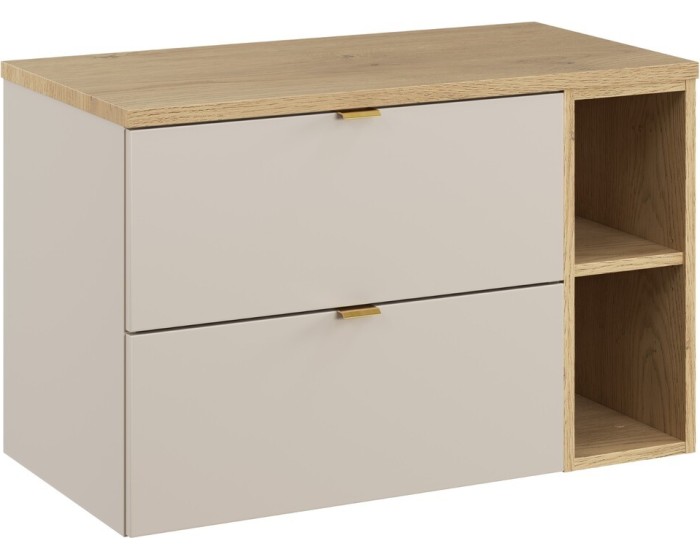 Závěsná skříňka pod umyvadlo Dalia Cashmere Nordic s deskou a regálem 80 cm kašmírová/dub cremona