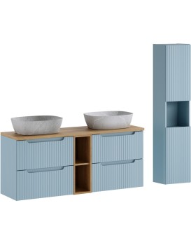 Koupelnová sestava Nova Denim s deskou, skříňkami a umyvadly 140 cm modrá/dub coast evoke