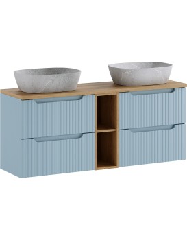 Závěsná skříňka Nova Denim Anna s deskou a umyvadly 140 cm modrá/dub coast evoke