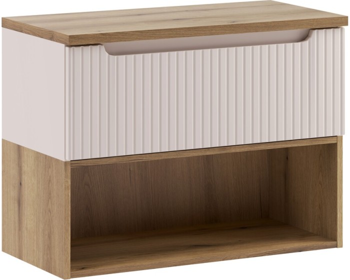 Závěsná skříňka pod umyvadlo Nova Cashmere s deskou a regálem 80 cm kašmírová/dub coast evoke