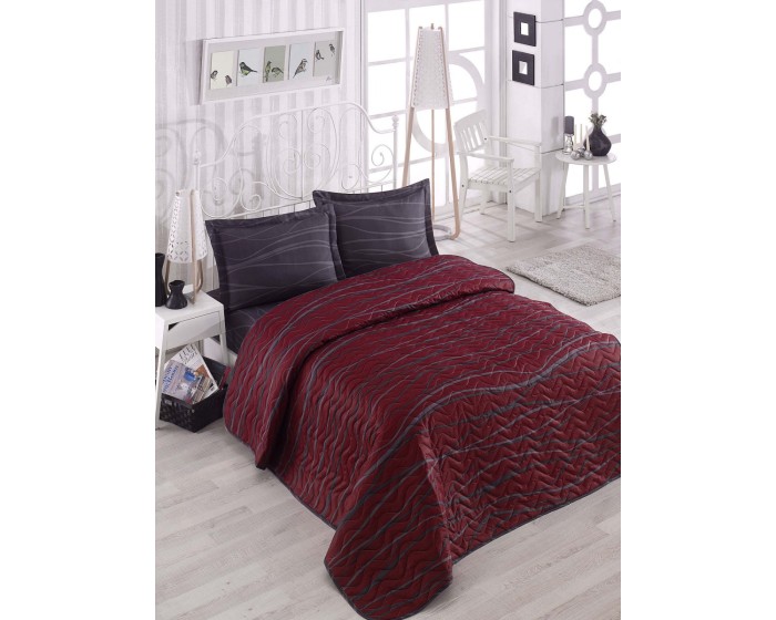Sada přehozu s povlaky na polštáře Verda Claret 200x220 cm červeno-šedá