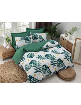 Povlečení s prostěradlem na dvoulůžko Monstera 200x220 cm zeleno-bílé