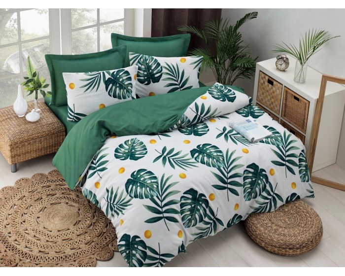 Povlečení s prostěradlem na dvoulůžko Monstera 200x220 cm zeleno-bílé