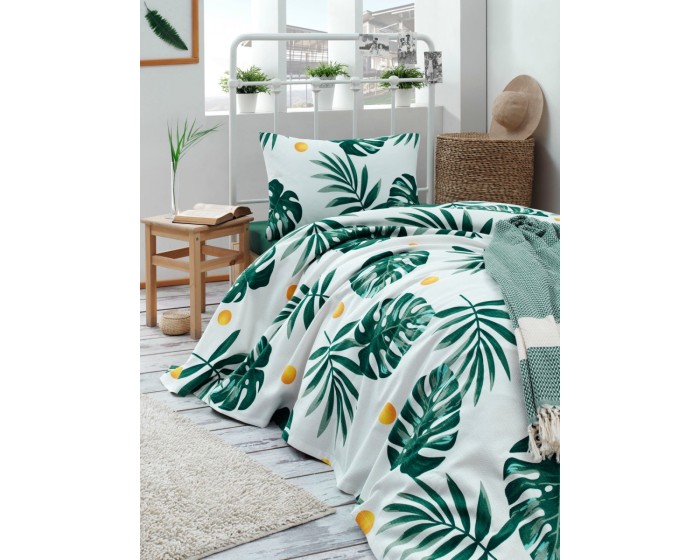 Bavlněný pique přehoz Monstera 160x235 cm zelený/bílý