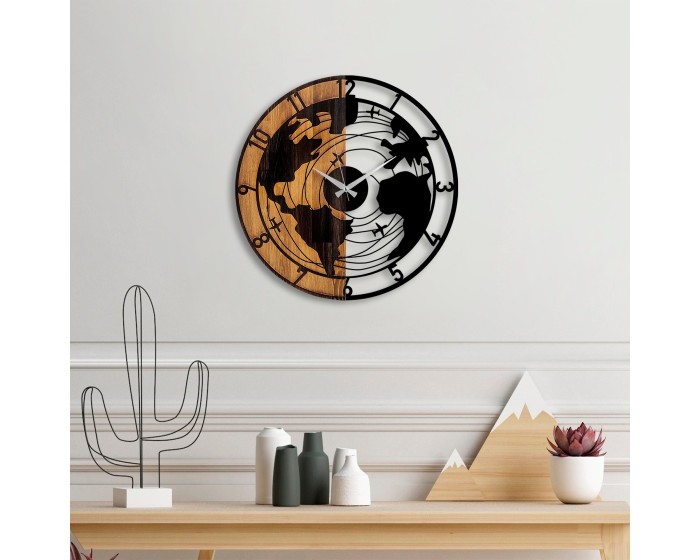 Dekorativní nástěnné hodiny WALLIE WOODEN WORLD MAP 56 cm ořech/černé