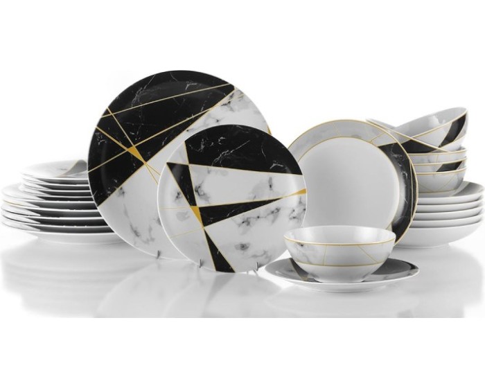 Porcelánová sada 24 ks talířů Glamour černá/bílá/zlatá
