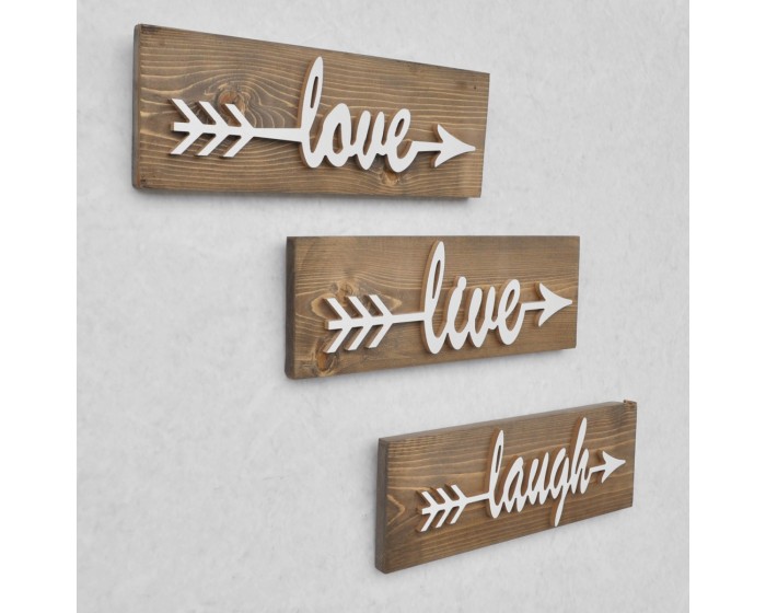 Nástěnná dřevěná dekorace LOVE LIVE LAUGH hnědá/bílá