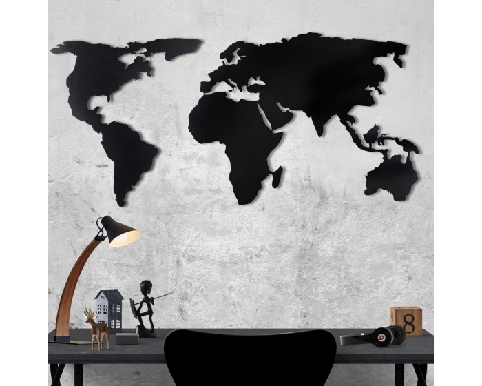 Nástěnná kovová dekorace Mapa světa 85x170 cm černá