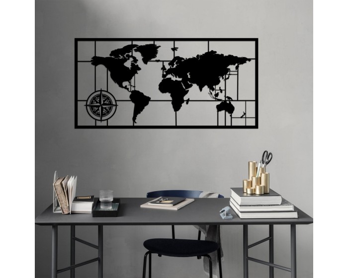 Nástěnná kovová dekorace Mapa světa kompas II 121x60 cm černá