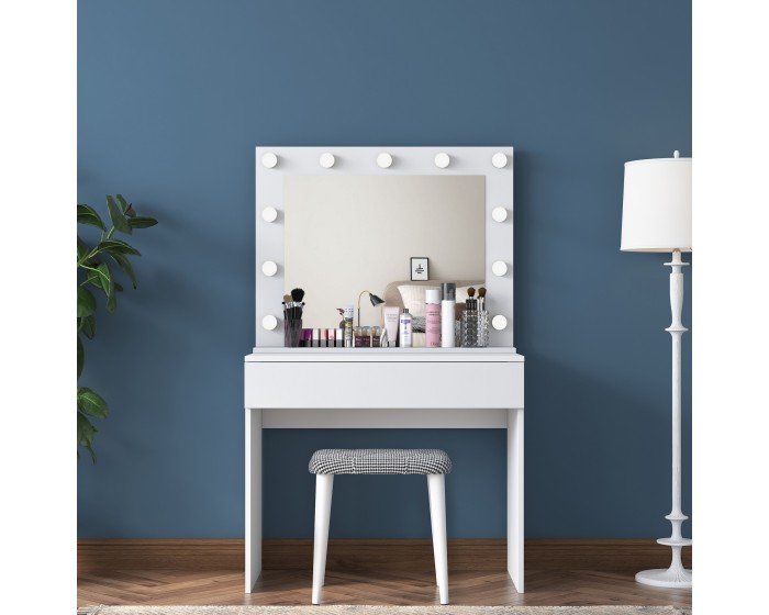 Minimalistický toaletní stolek Alisson III s LED zrcadlem a taburetem bílý