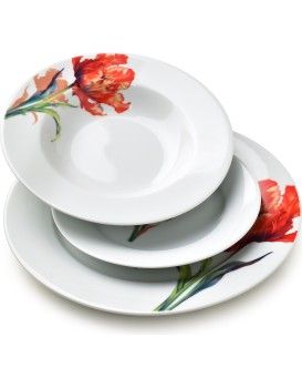 Porcelánová jídelní sada LEA Tulip 18 ks bílá/červená