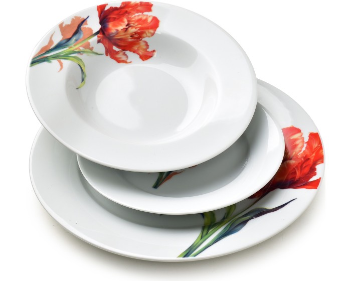 Porcelánová jídelní sada LEA Tulip 18 ks bílá/červená
