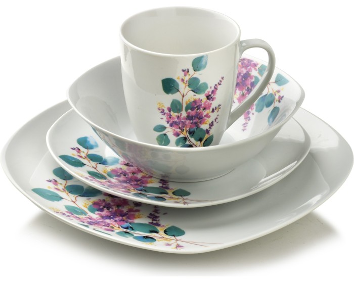 Porcelánová jídelní sada s hrníčkem LEA Lavender 16 ks bílá/fialová